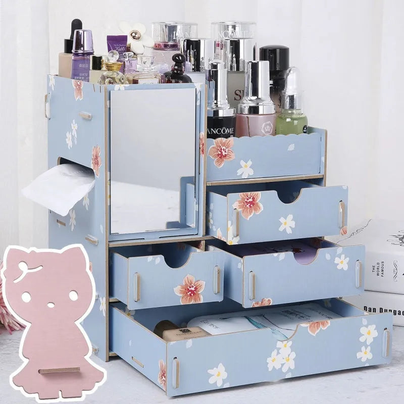 Wooden cosmetic storage box with drawers and dividers in decorative finish options