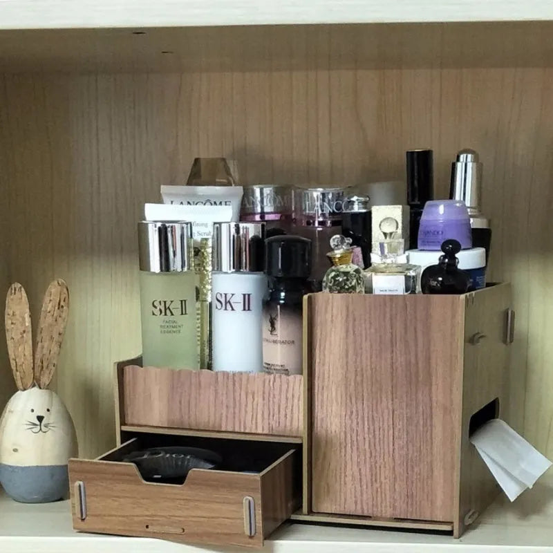 Wooden cosmetic storage box with drawers and dividers in decorative finish options