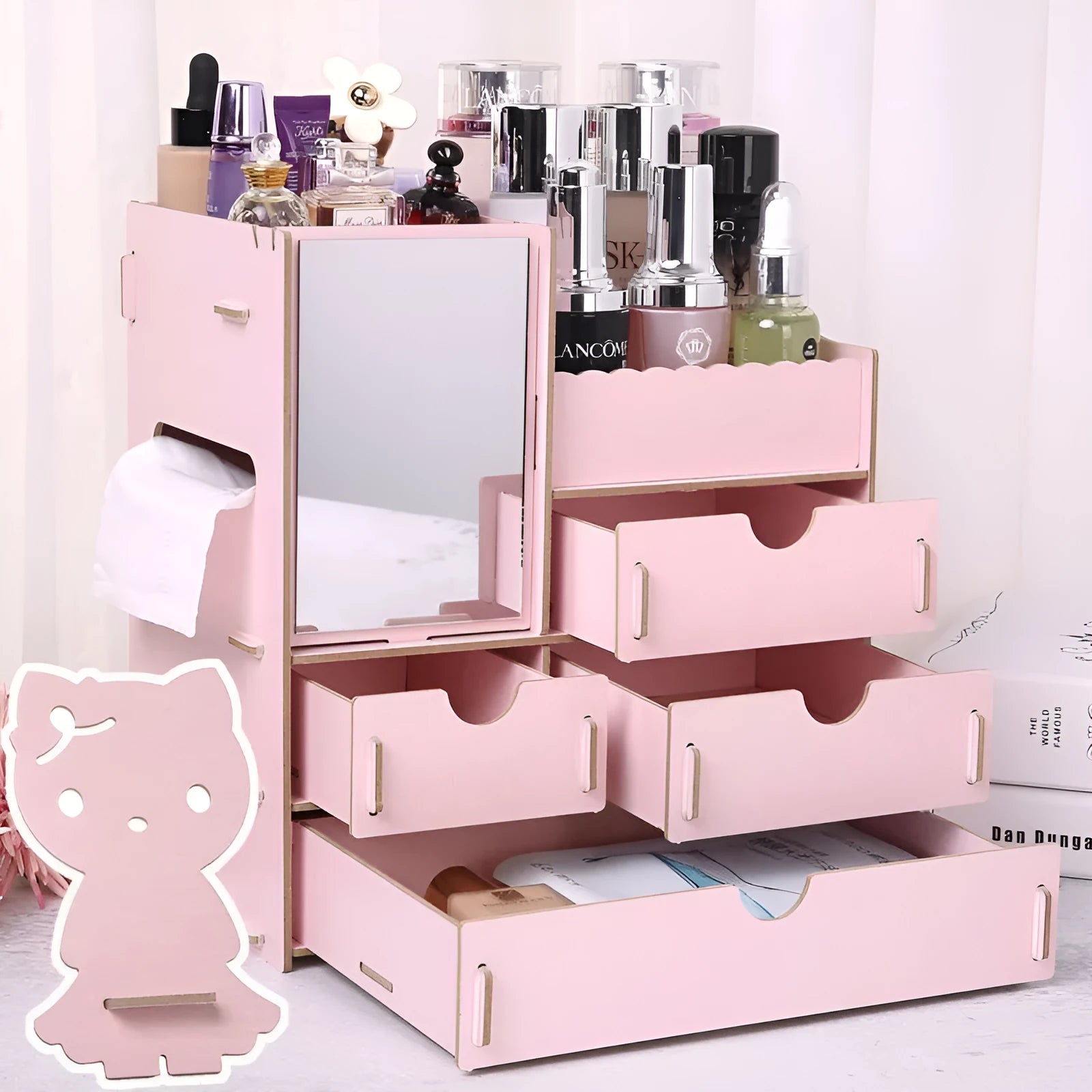 Wooden cosmetic storage box with drawers and dividers in decorative finish options