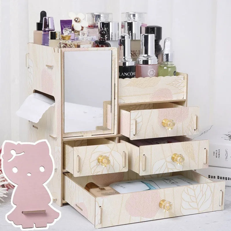 Wooden cosmetic storage box with drawers and dividers in decorative finish options