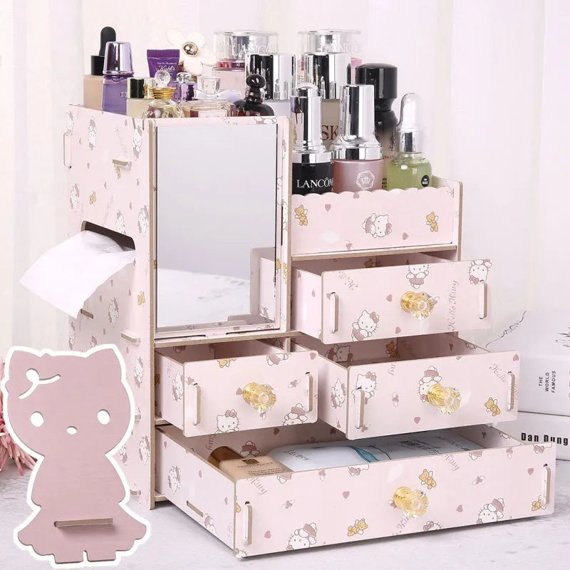 Wooden cosmetic storage box with drawers and dividers in decorative finish options
