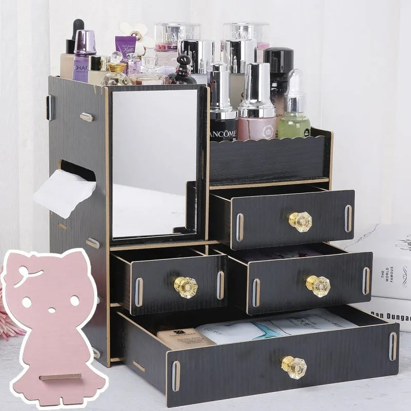 Wooden cosmetic storage box with drawers and dividers in decorative finish options