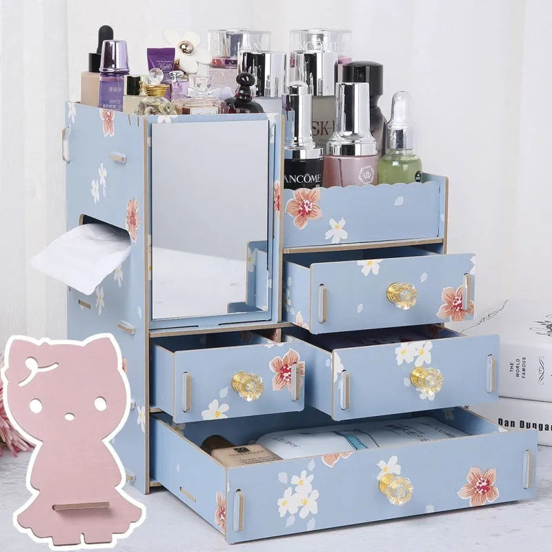 Wooden cosmetic storage box with drawers and dividers in decorative finish options