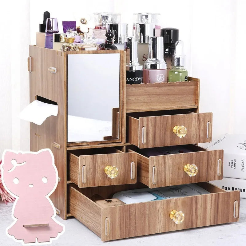 Wooden cosmetic storage box with drawers and dividers in decorative finish options