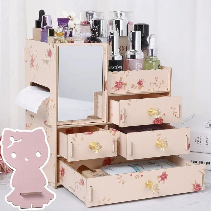 Wooden cosmetic storage box with drawers and dividers in decorative finish options