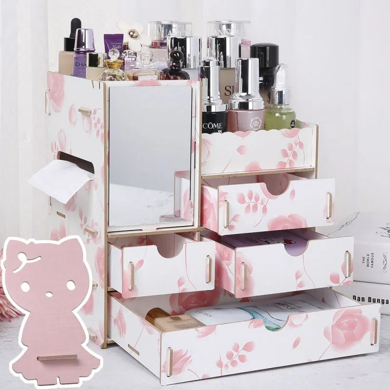 Wooden cosmetic storage box with drawers and dividers in decorative finish options