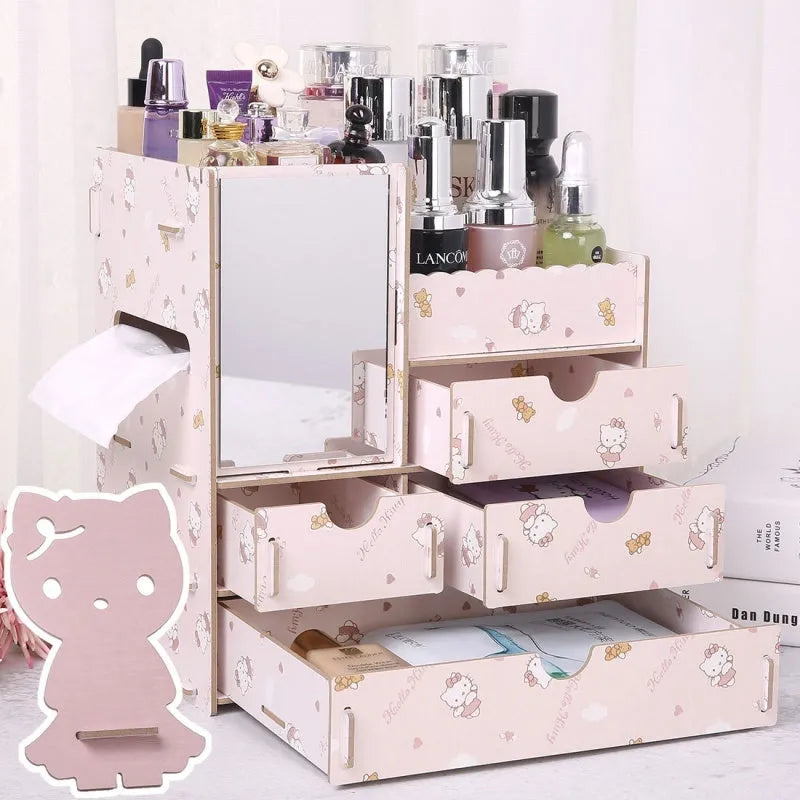 Wooden cosmetic storage box with drawers and dividers in decorative finish options