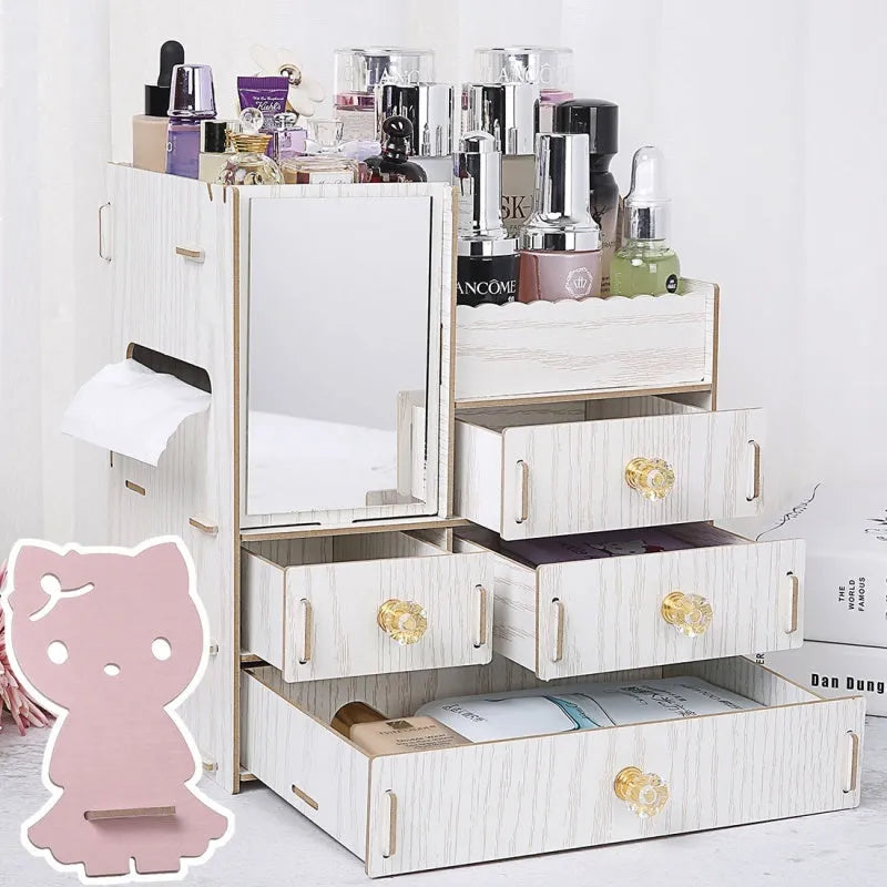 Wooden cosmetic storage box with drawers and dividers in decorative finish options