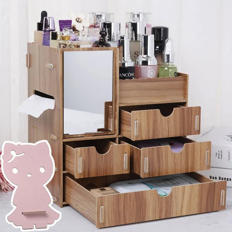 Wooden cosmetic storage box with drawers and dividers in decorative finish options