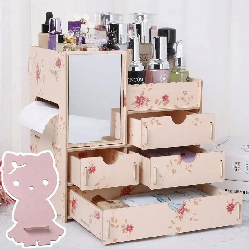 Wooden cosmetic storage box with drawers and dividers in decorative finish options