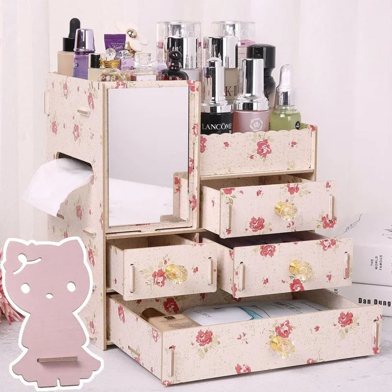Wooden cosmetic storage box with drawers and dividers in decorative finish options