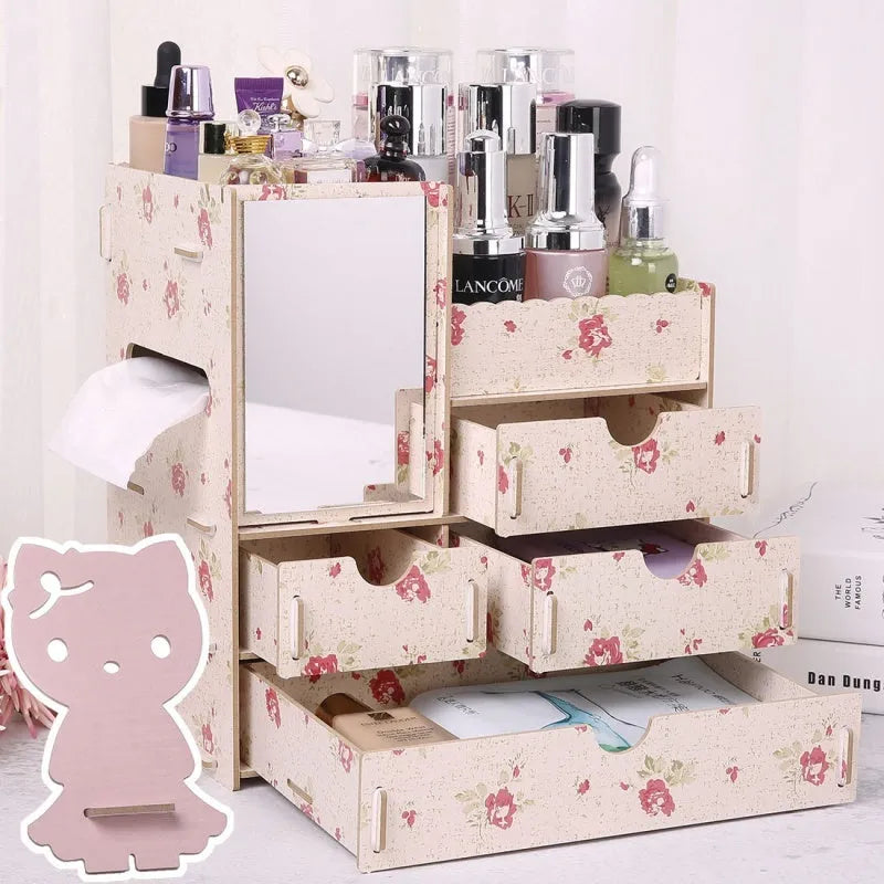 Wooden cosmetic storage box with drawers and dividers in decorative finish options