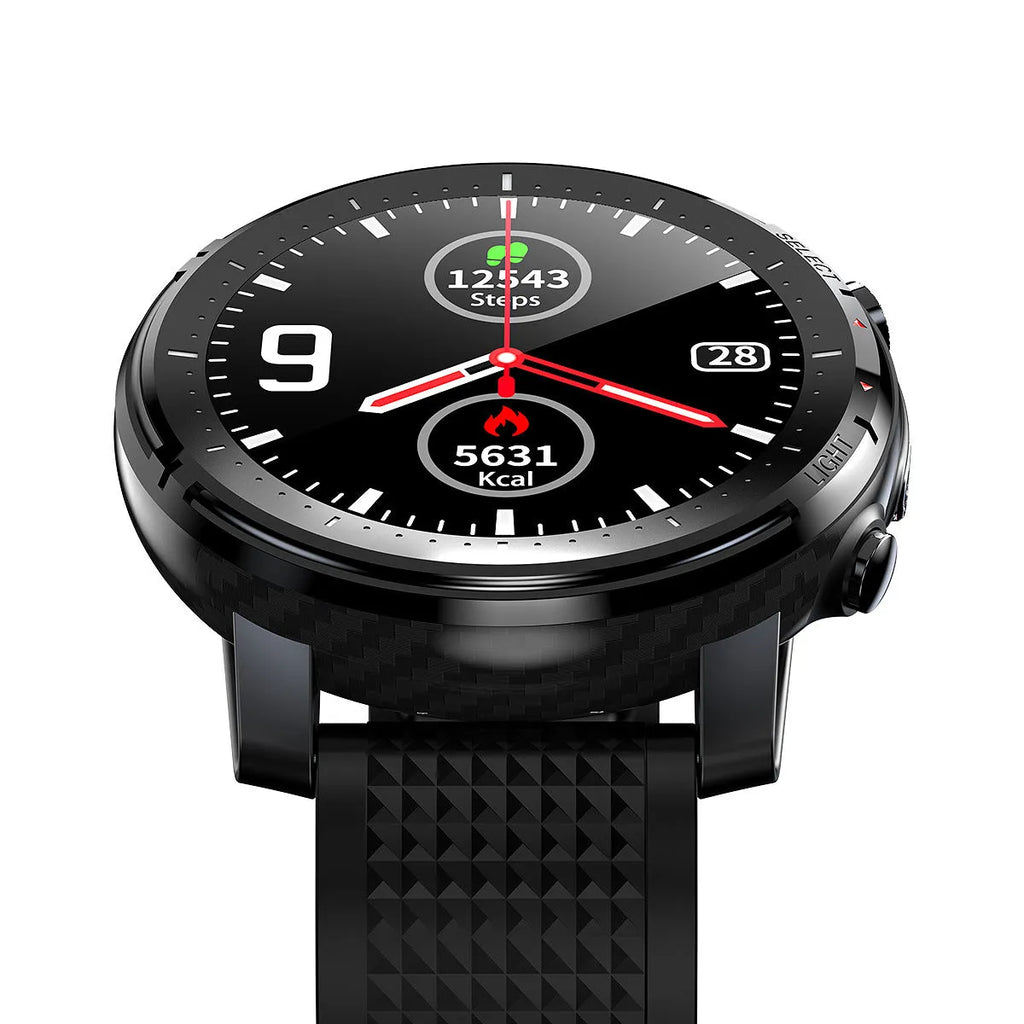 IP68 waterproof Android smart watch with round mirror dial and black silicone strap