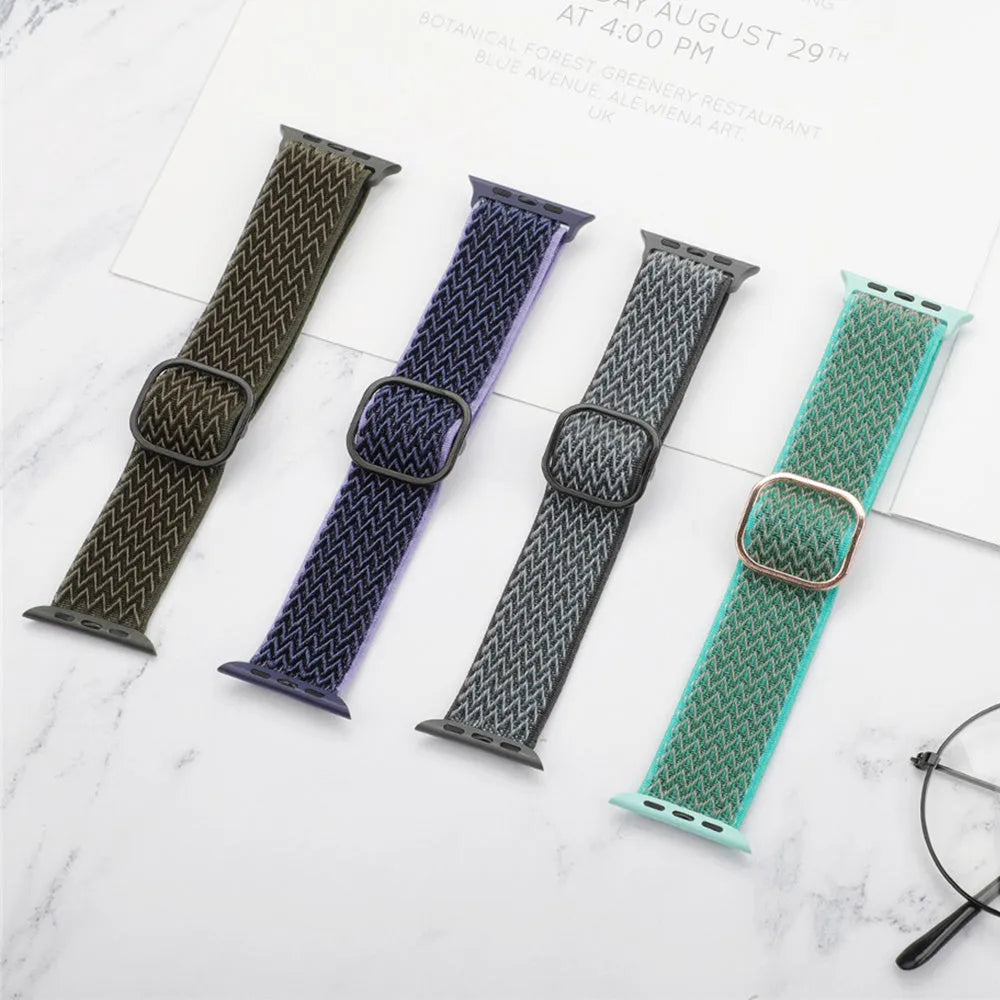 Nylon braided elastic wrist strap with wave pattern for Apple Watch, shown in multiple colour options.