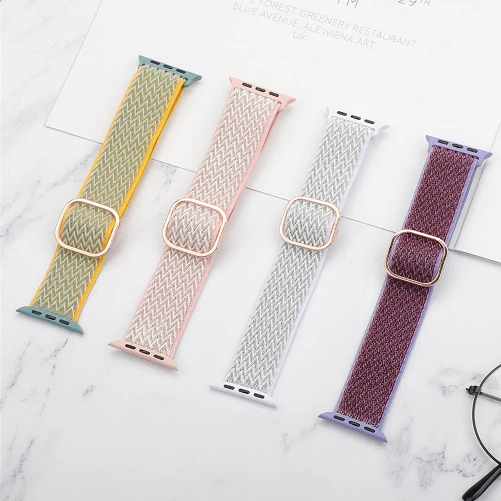 Nylon braided elastic wrist strap with wave pattern for Apple Watch, shown in multiple colour options.