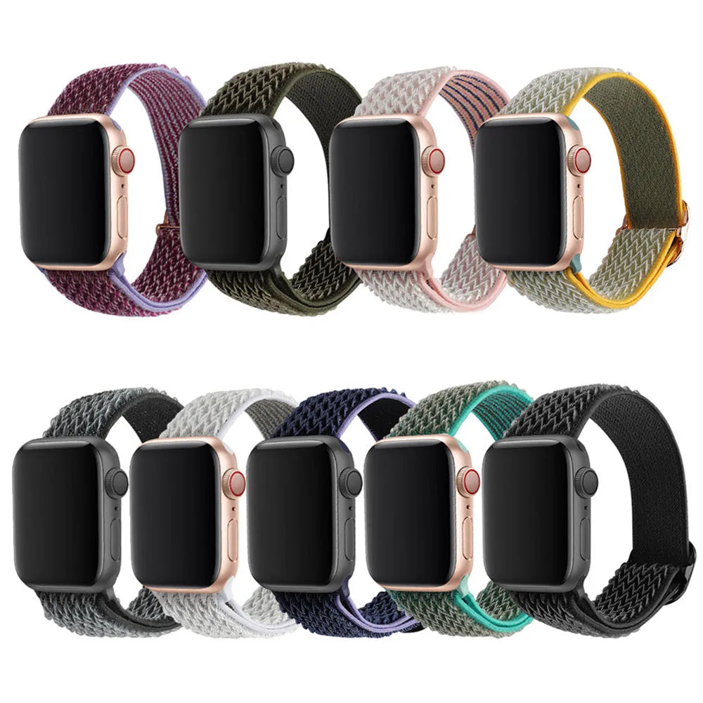 Nylon braided elastic wrist strap with wave pattern for Apple Watch, shown in multiple colour options.