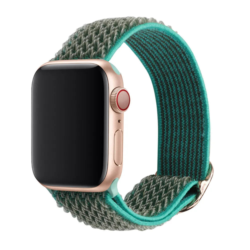 Nylon braided elastic wrist strap with wave pattern for Apple Watch, shown in multiple colour options.
