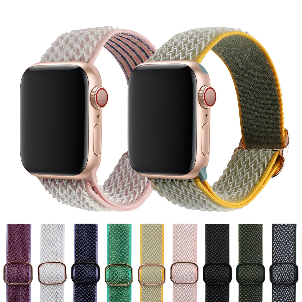 Nylon braided elastic wrist strap with wave pattern for Apple Watch, shown in multiple colour options.