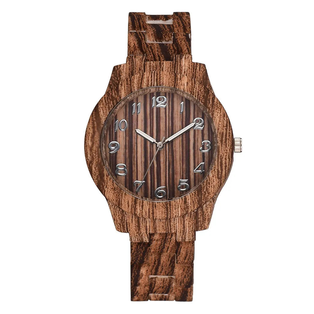 Wood grain retro quartz watch for men and women with silicone strap and 39mm case.