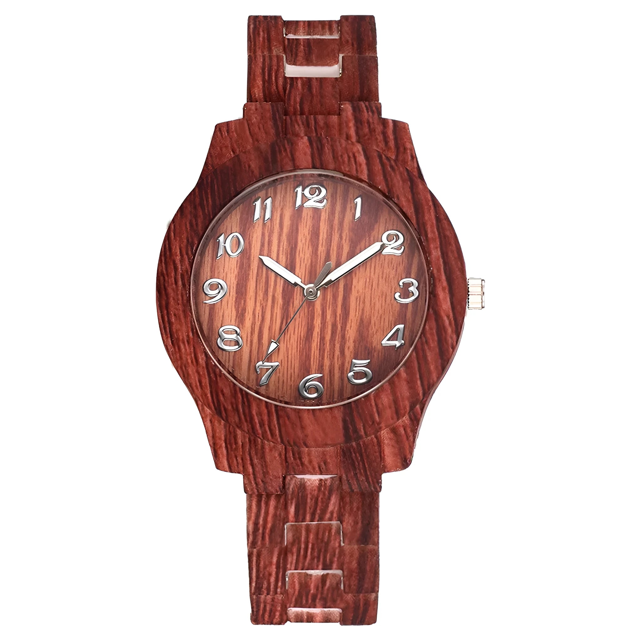Wood grain retro quartz watch for men and women with silicone strap and 39mm case.