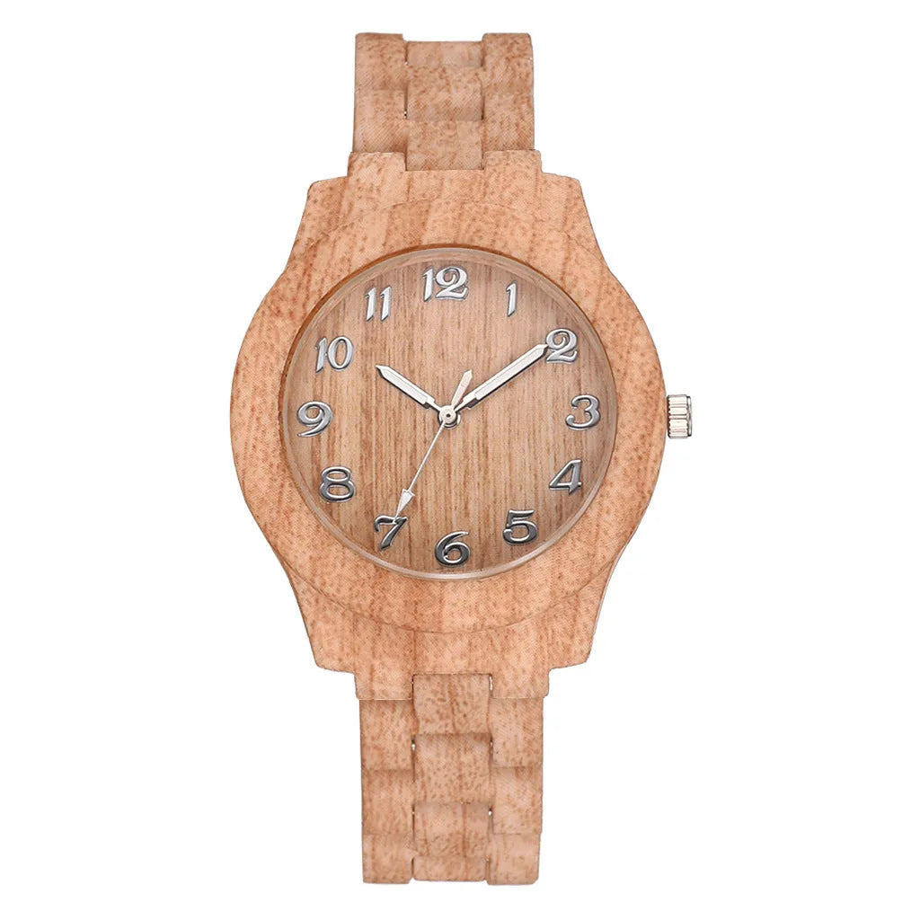 Wood grain retro quartz watch for men and women with silicone strap and 39mm case.