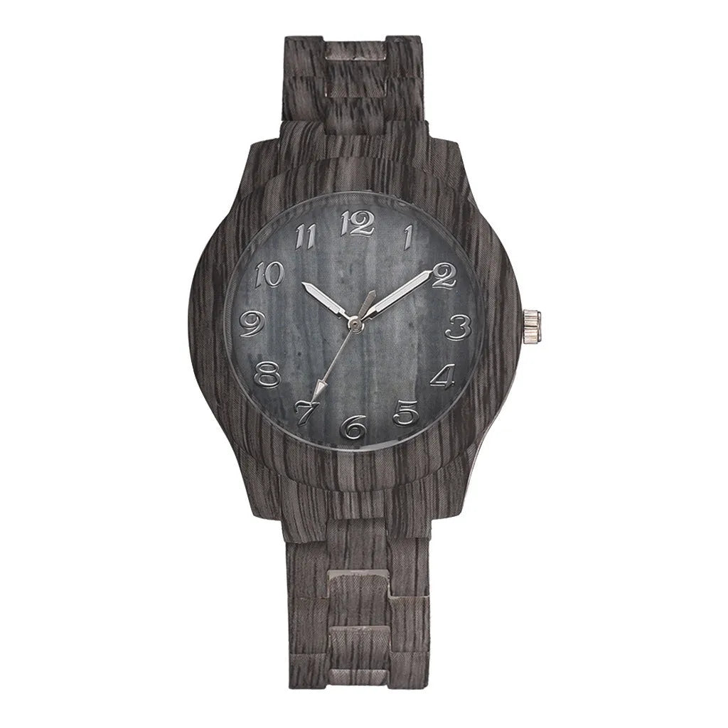 Wood grain retro quartz watch for men and women with silicone strap and 39mm case.