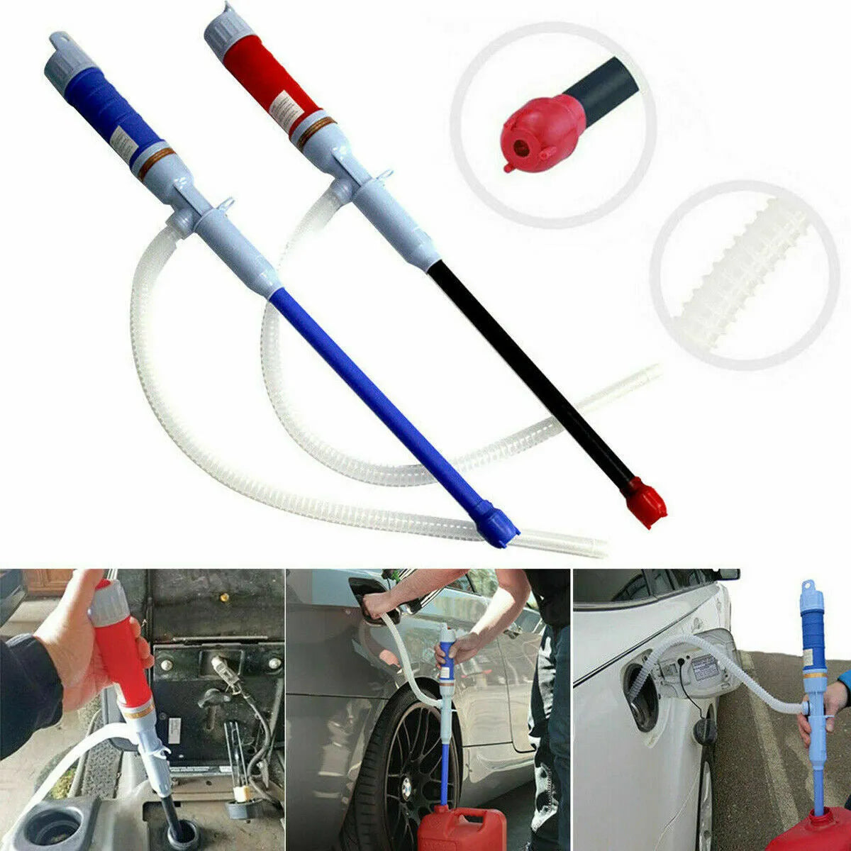 Blue and red manual hand pump for siphoning fuel and oil from containers