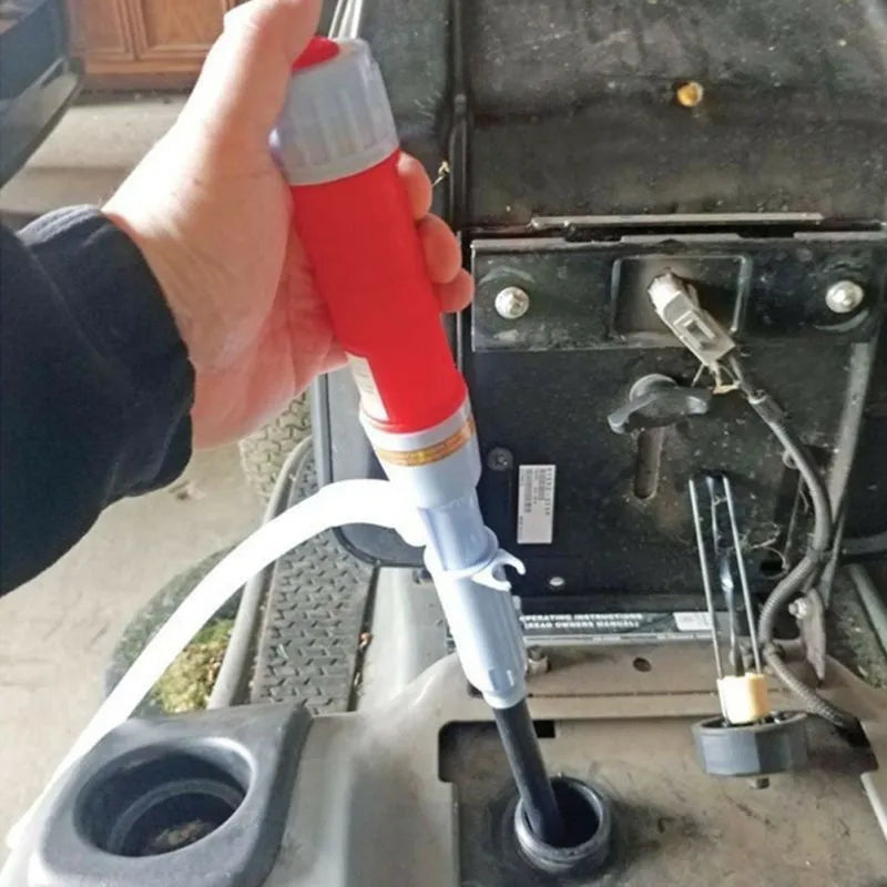 Blue and red manual hand pump for siphoning fuel and oil from containers
