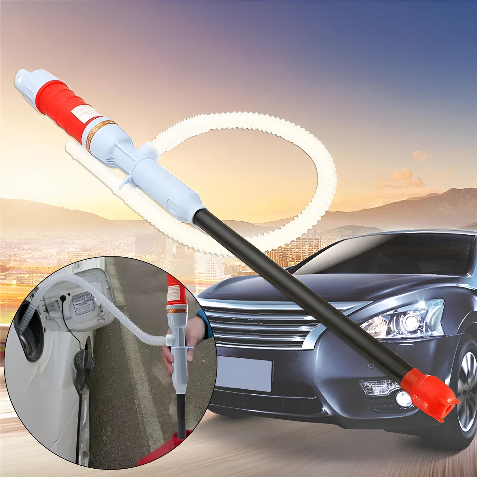 Blue and red manual hand pump for siphoning fuel and oil from containers