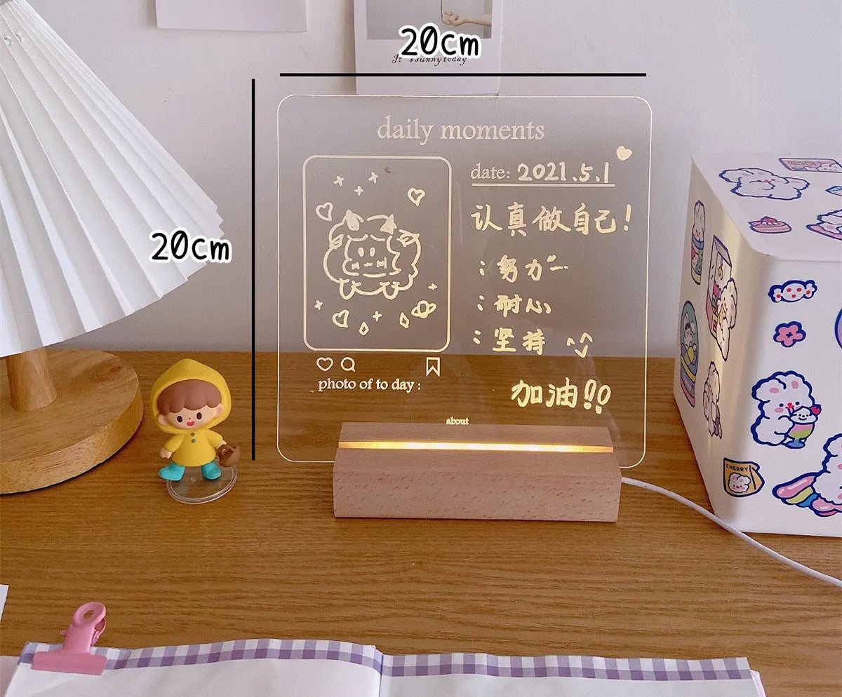 LED bedside lamp with optional message board functionality in one of seven design variations