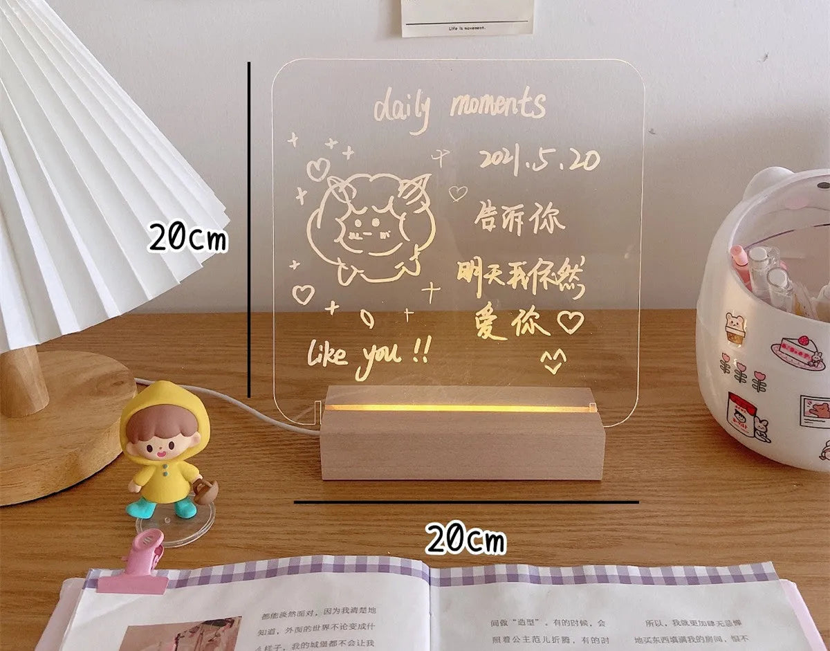 LED bedside lamp with optional message board functionality in one of seven design variations