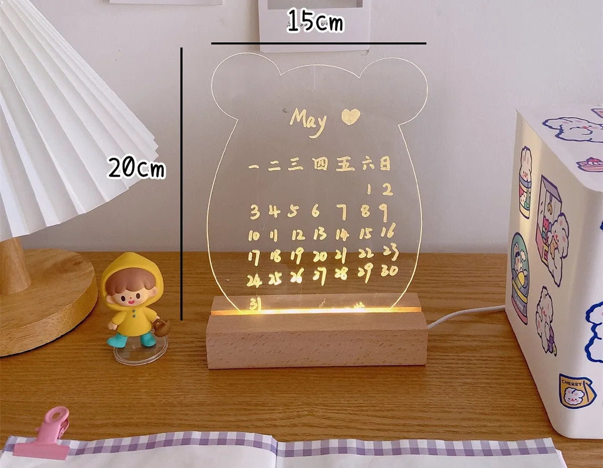 LED bedside lamp with optional message board functionality in one of seven design variations