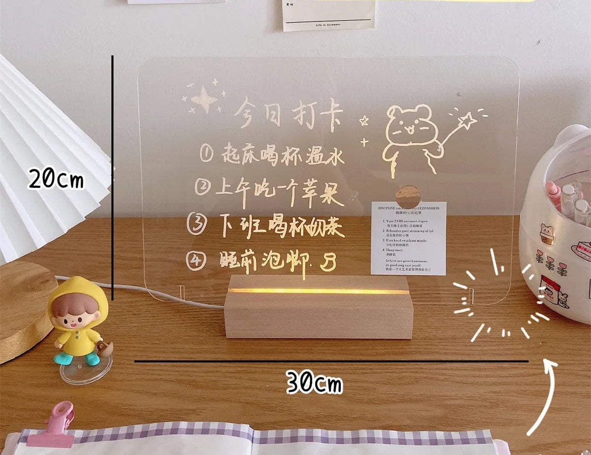 LED bedside lamp with optional message board functionality in one of seven design variations