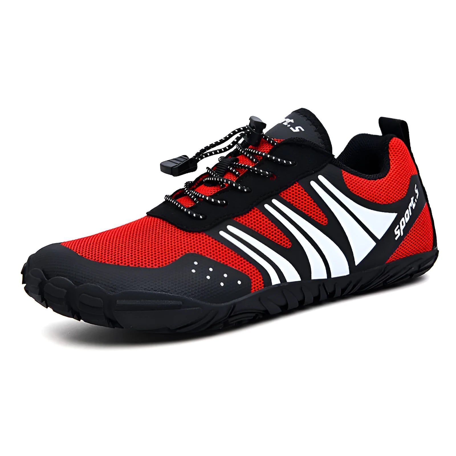 Outdoor quick-drying wading shoes in red, with mesh upper and rubber sole.