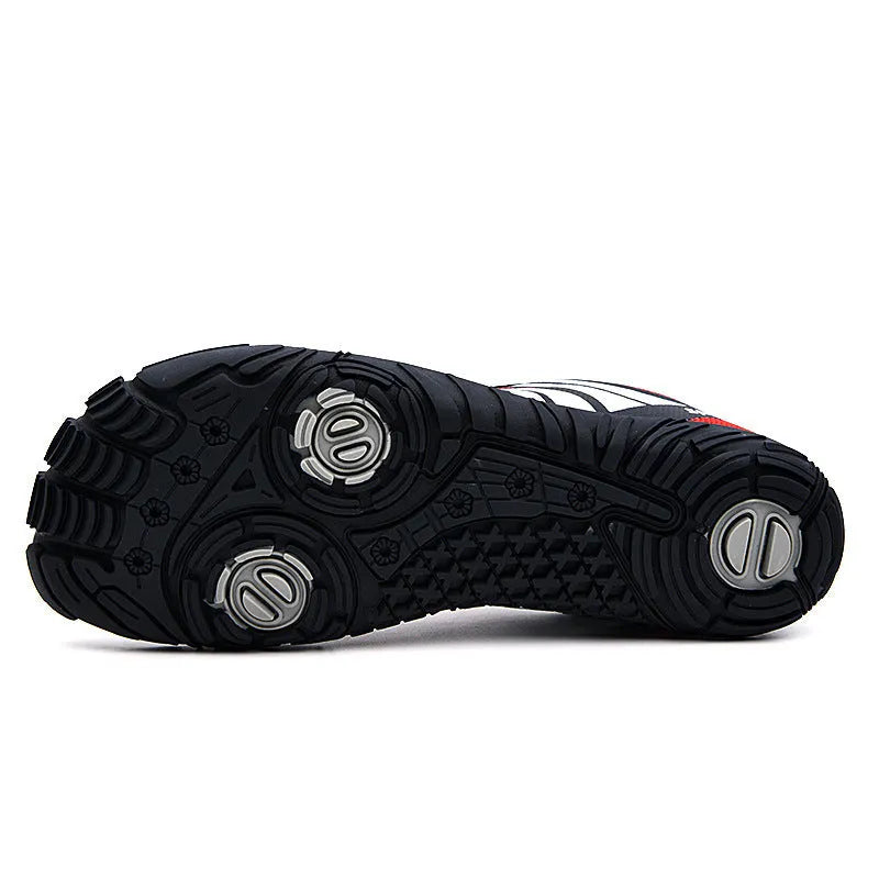 Outdoor quick-drying wading shoes in red, with mesh upper and rubber sole.