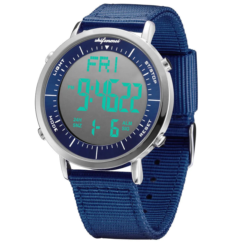 Shifenmei digital sports watch with black strap and electronic display showing time