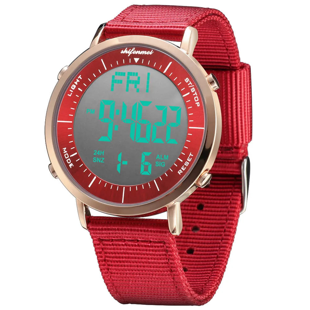 Shifenmei digital sports watch with black strap and electronic display showing time