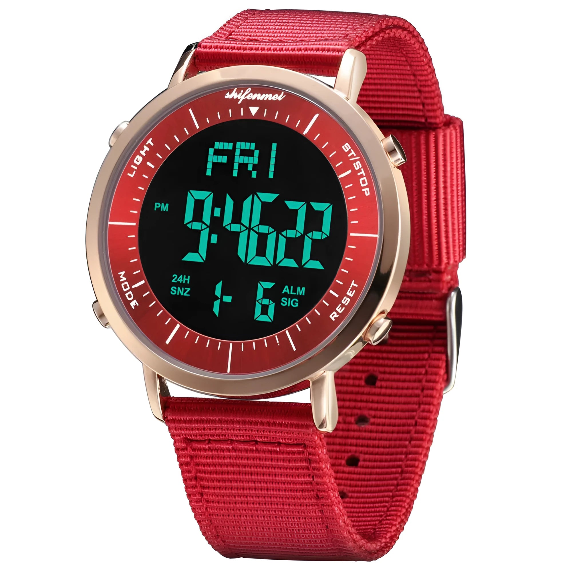 Shifenmei digital sports watch with black strap and electronic display showing time