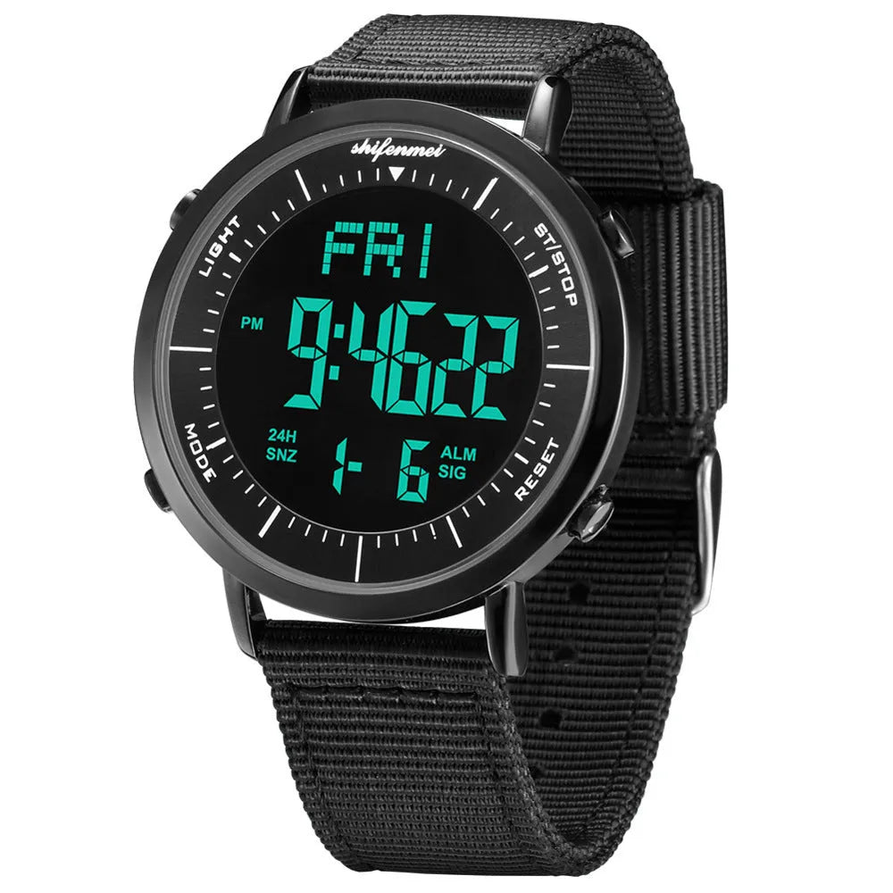 Shifenmei digital sports watch with black strap and electronic display showing time