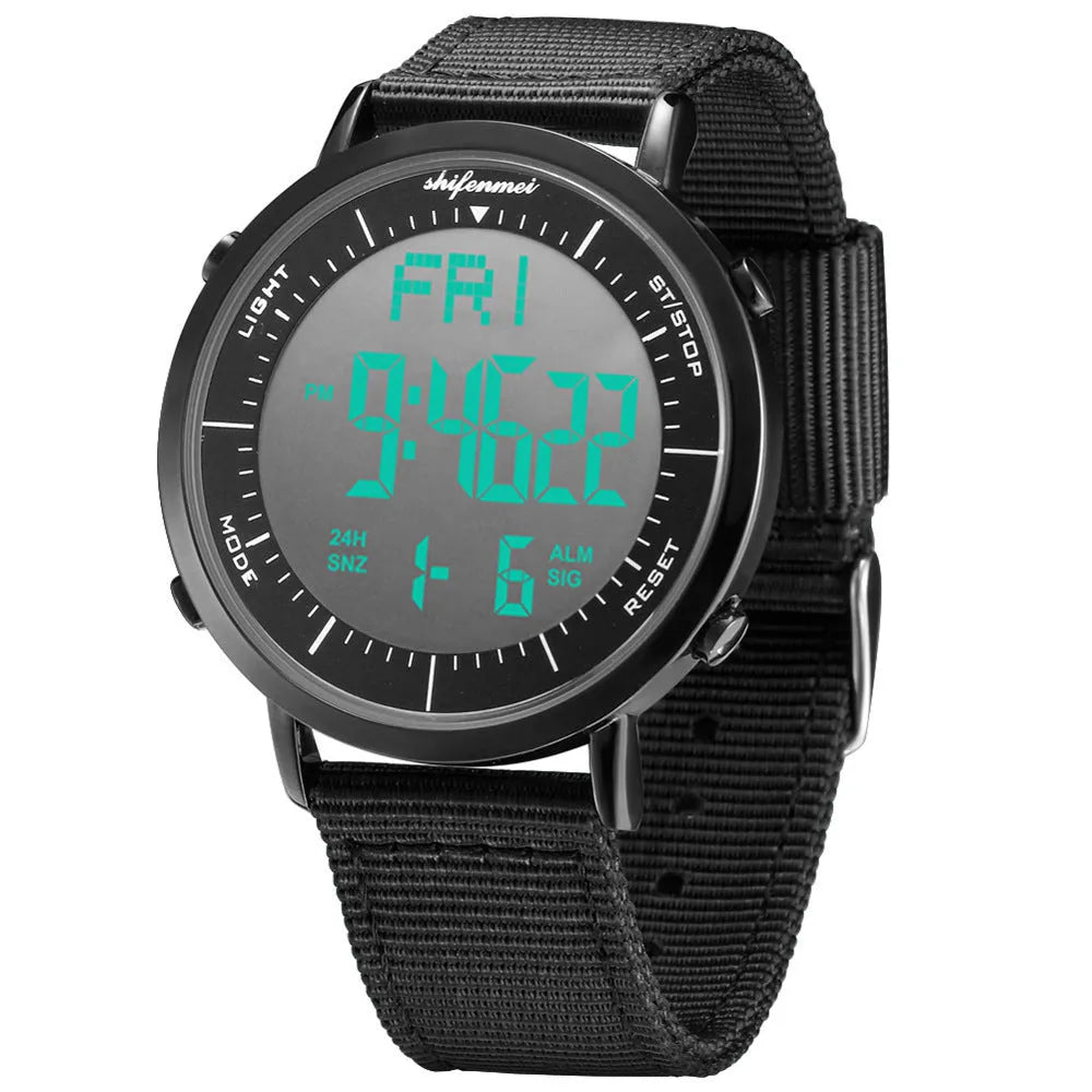 Shifenmei digital sports watch with black strap and electronic display showing time