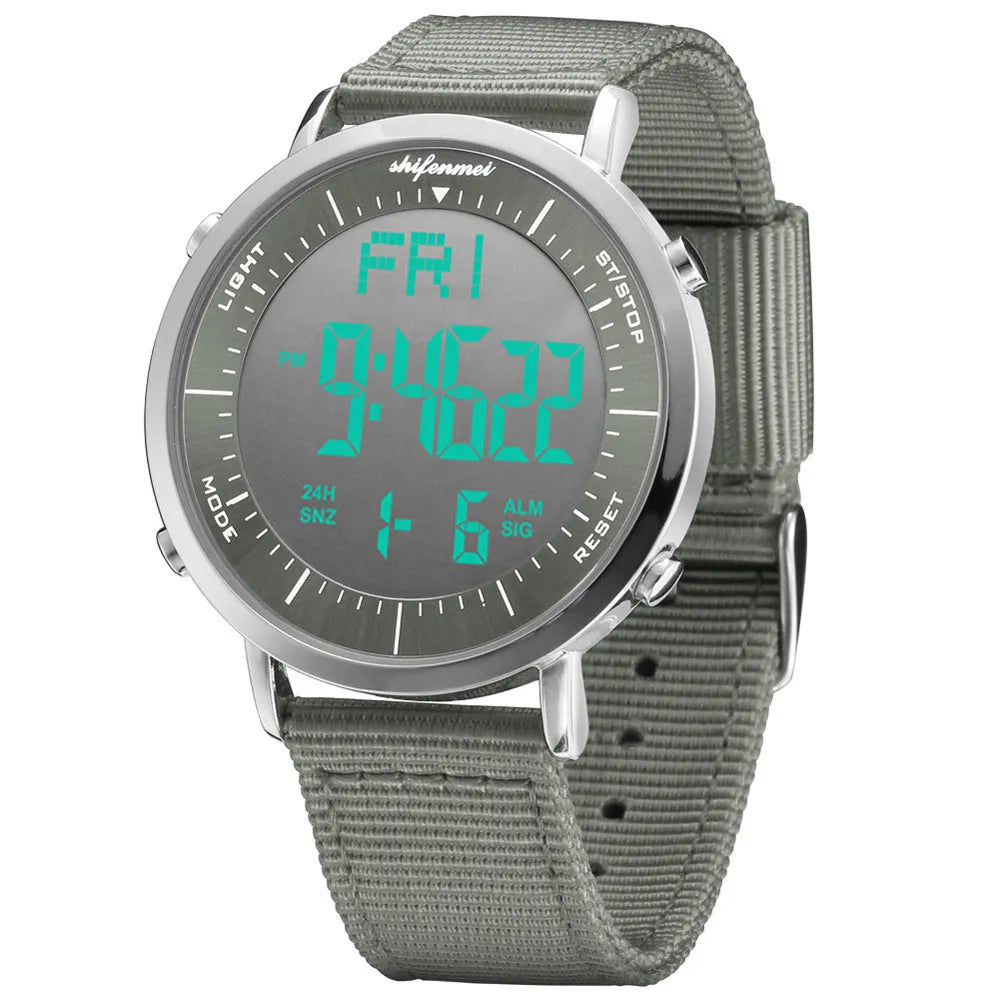 Shifenmei digital sports watch with black strap and electronic display showing time