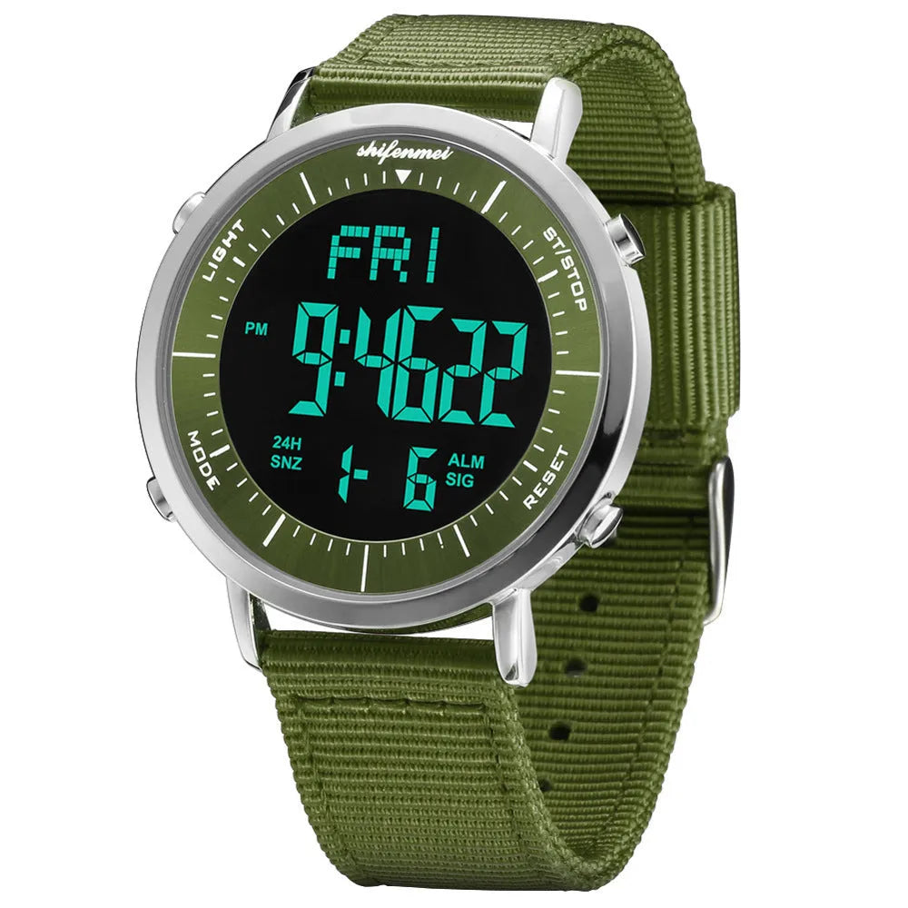 Shifenmei digital sports watch with black strap and electronic display showing time