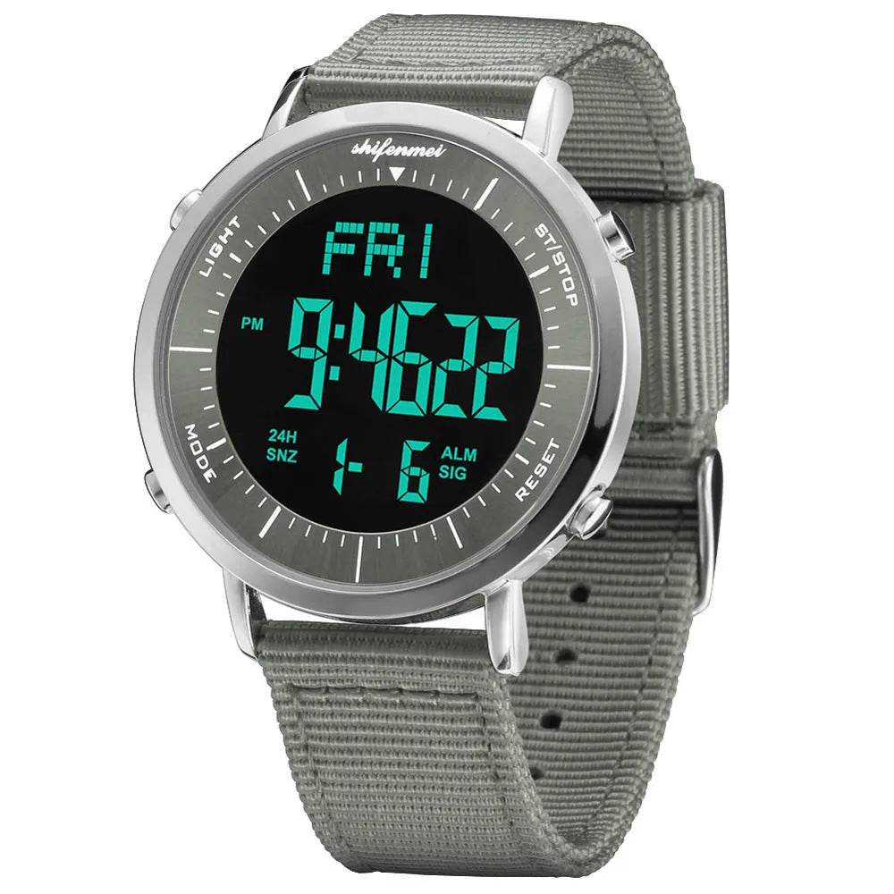 Shifenmei digital sports watch with black strap and electronic display showing time