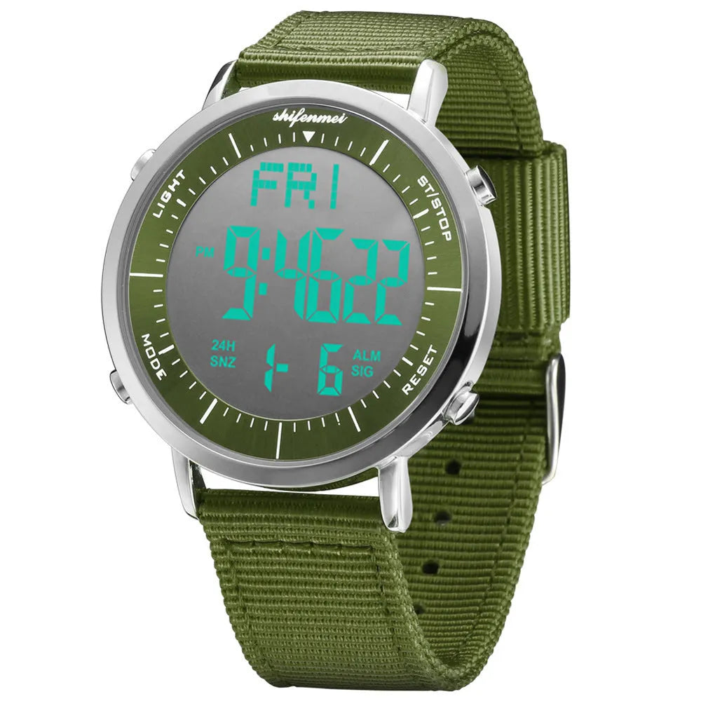 Shifenmei digital sports watch with black strap and electronic display showing time