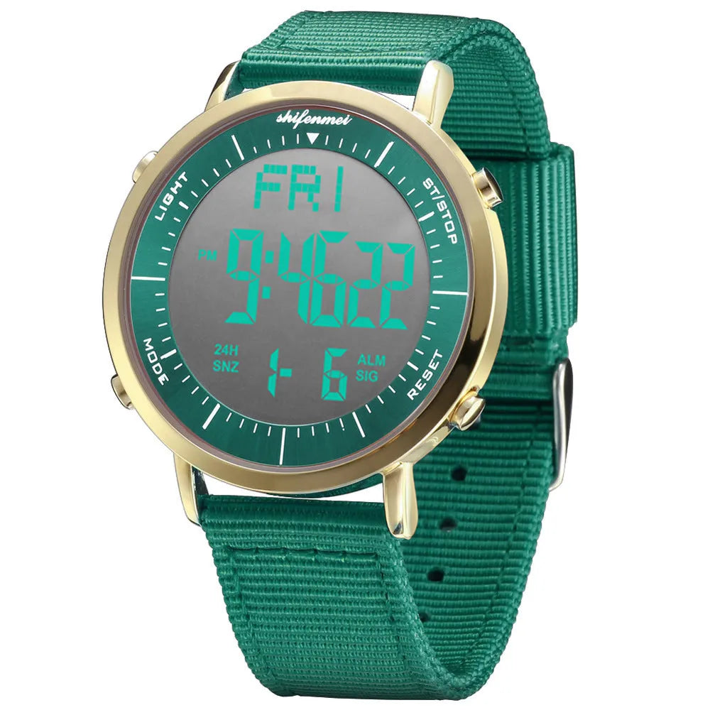 Shifenmei digital sports watch with black strap and electronic display showing time