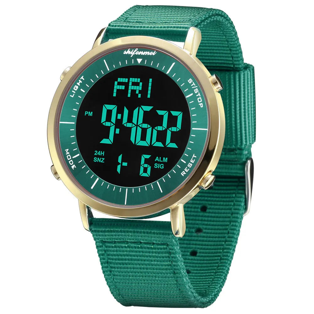 Shifenmei digital sports watch with black strap and electronic display showing time