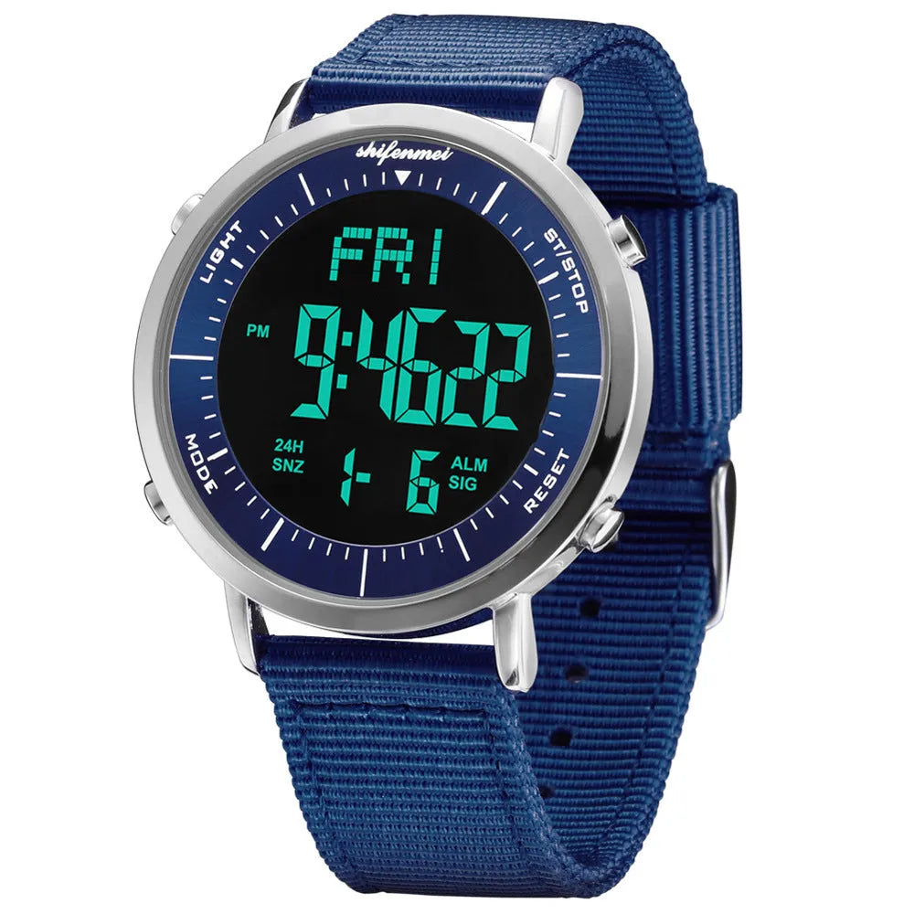 Shifenmei digital sports watch with black strap and electronic display showing time