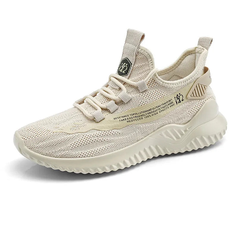 Men's low-top white mesh sports shoes with black rubber sole and lace-up front.