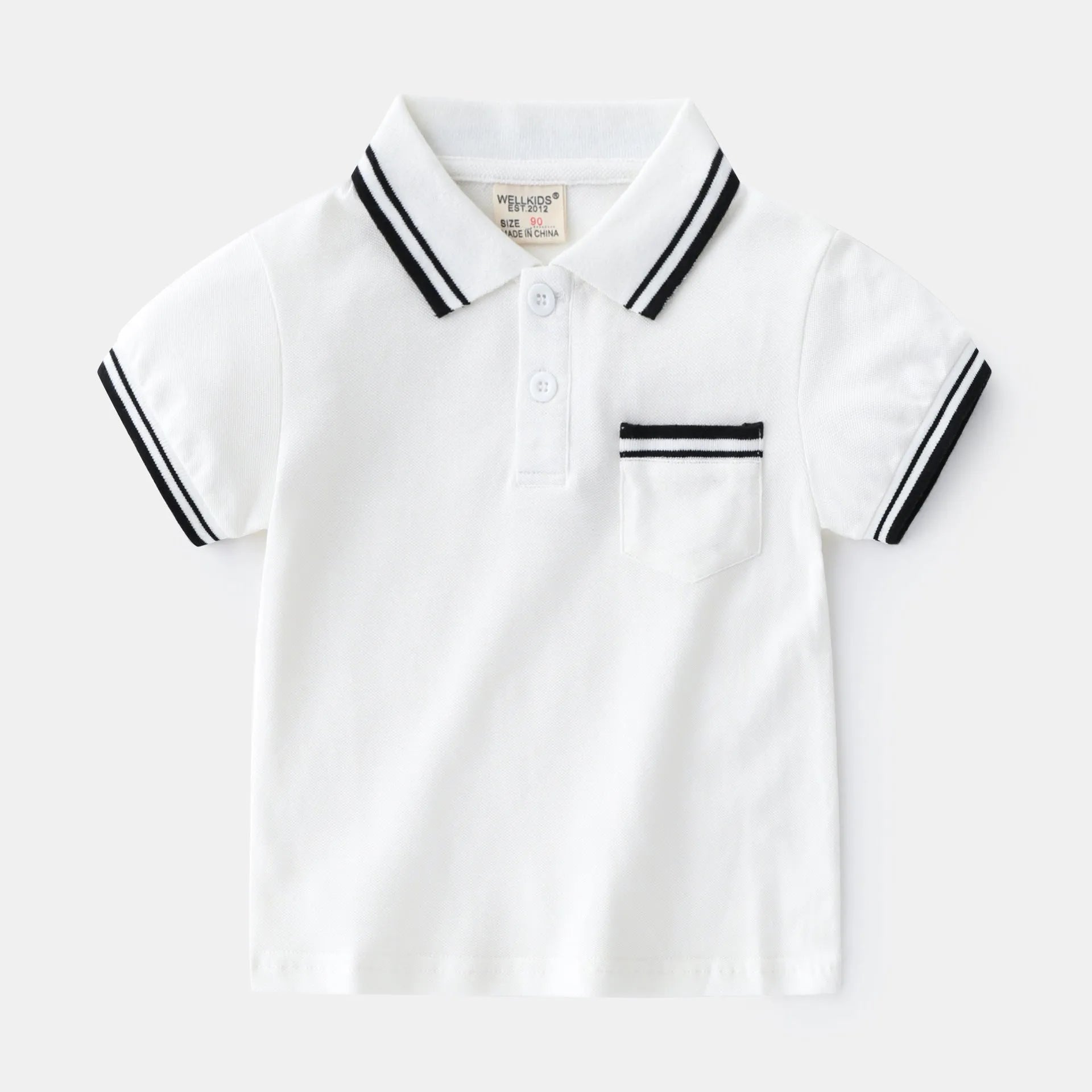 Boys white cotton polo t-shirt with round neck collar and short sleeves