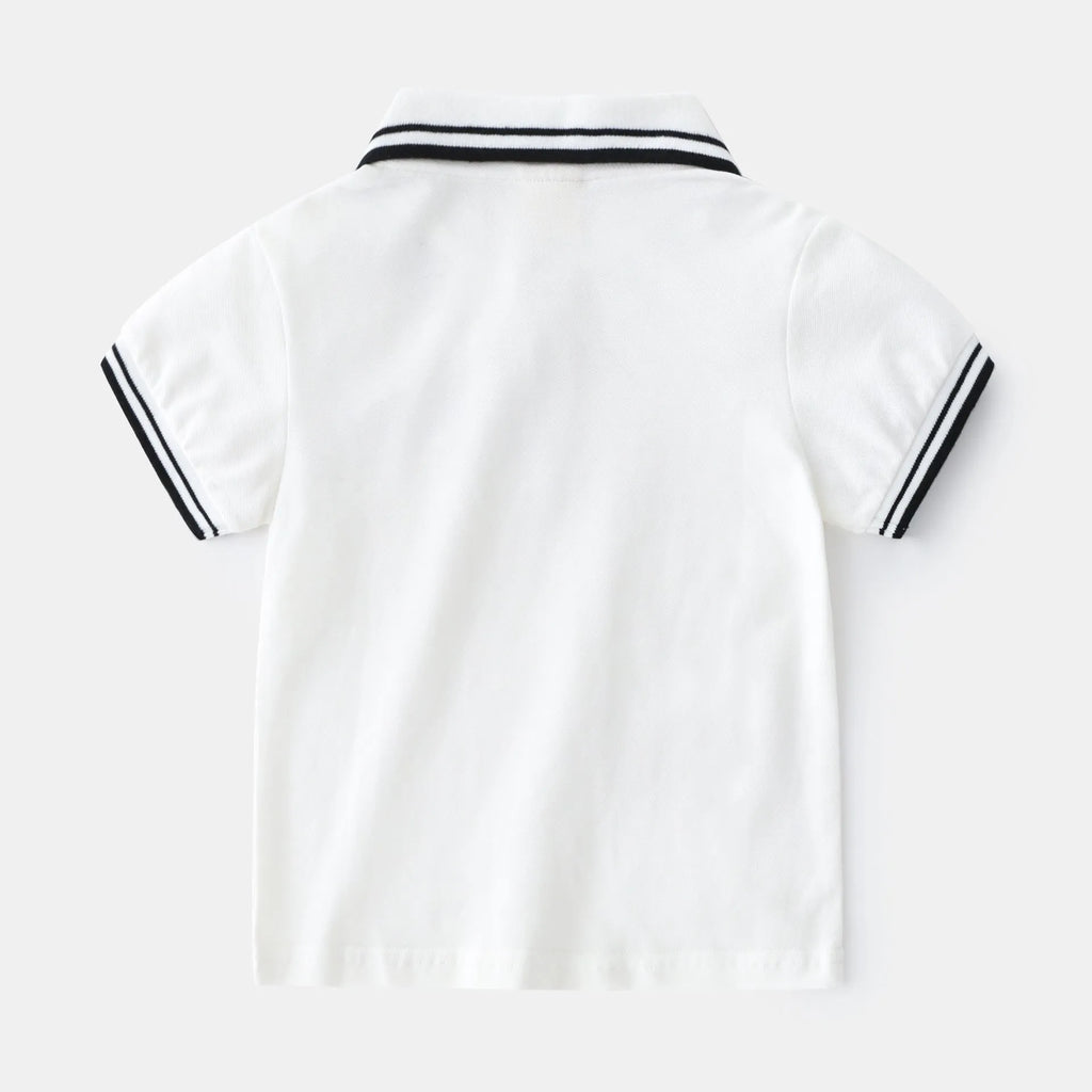 Boys white cotton polo t-shirt with round neck collar and short sleeves